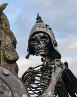 Close up of Skeleton Warrior Cavalry Recycled Metal Sculpture skull