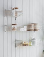 White Wire Wall Mounted Basket Shelf Available in Three Size White Wire Wall Mounted Basket Shelf Available in Three Size