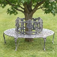 Digital illustration of Solid Antique Silver "Royale" Aluminium Full Tree Guard & Bench with tree in centre