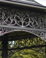 Close-Up of Ornate Framework onSolid Steel, Iron & Wood Ornate Garden Gazebo with Roof