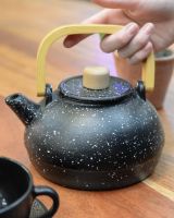 "Ginga" Cast Iron Japanese Style Teapot in Black with Hand in Shot for Scale