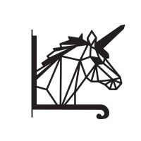 Close-Up of Steel Geometric Unicorn Hanging Basket Bracket Close-Up of Steel Geometric Unicorn Hanging Basket Bracket