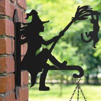 Steel Hanging Basket Bracket with Witch with Cat Topper Steel Hanging Basket Bracket with Witch with Cat Topper