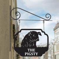 Stunning Steel Sitting Pig Hanging House Name Sign in Situ