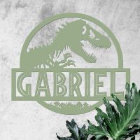 T-Rex Steel Monogram Name Sign in Situ Next to Plants