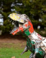 ‘Byte’ the T. Rex Upcycled Oil Drum Garden Sculpture close up of head and teeth