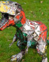 ‘Byte’ the T. Rex Upcycled Oil Drum Garden Sculpture close up of geometric design