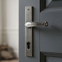 The Alessano Pewter Farmhouse Slim Sprung Espagnolette Lock Set on a Charcoal Grey Door in a Modern In terior - Digital Illustration
