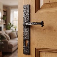 The Apslen Hall Black Cast Iron Lever Handle Shown on a Natural Timber Door - Digital Illustration