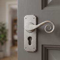The Birchwood Pewter Monkeytail Euro Lock Lever Door Handle Shown Mounted on a Grey Door in a Modern Home - Digital Illustration