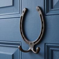 The Blacksmith Vintage Cast Iron Horseshoe Robe Hook Mounted onto a Blue Door - Digital Illustration