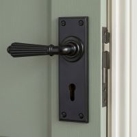 The Classic Fluted Period Lever Lock Suite Architectural Door Handle Set in Aged Bronze Mounted onto a Sage Green Door in a Country Home - Digital Illustration