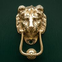 The Door Knocker (Buckingham Lion) with Security Hole Shown Close up on a Green Timber Door - Digital Illustration