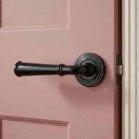 The Edlyn House Midnight Black Unsprung Lever Door Handle on Beehive Rose Fitted onto a Light Pink Coloured Door in a Modern Home - Digital Illustration