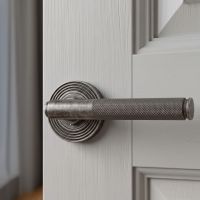 The Edmond Gardens Pewter Textured Lever Door Handle on Beehive Rose Shown up Close on a Light Grey Wooden Door - Digital Illustration