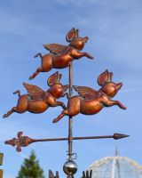 The Flight of Flying Pigs Verdigris Copper Weathervane Showing a Close up of the Copper Figures