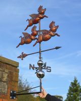 The Flight of Flying Pigs Verdigris Copper Weathervane with Hand in Shot for Scale