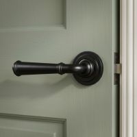 The Fulton Manor Beeswax Unsprung Lever Door Handle on Art Deco Rose Shown at an Angle on a sage Green Door - Digital Illustration