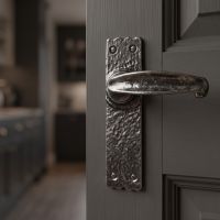 The Gallio Cast Iron Lever Handle on a Black Door in a Contemporary Home - Digital Illustration