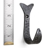 The Hand-Forged Fish Single Coat Hook - 110mm next to a Rule On a White Background  - Digital Illustration