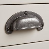 The Ironmonger Crescent Cup Pull 47mm x 102mm on a Grey Drawer - Digital Illustration