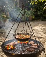 The Kadai Bowl BBQ Cooking Tripod and Chain Shown holding a Bowl over a Fire Pit to Cook Food - Digital Illustration