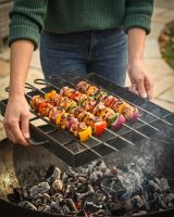 The Kadai Hand-Forged 6-Piece Skewer Set with Elevated Rack Shown Being used to Carry Kebabs from a Fire Bowl - Digital Illustration