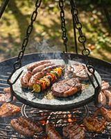 The Kadai Hanging Stone BBQ Griddle Plate Displaying food being grilled over a Kadai Bowl - Digital Illustration