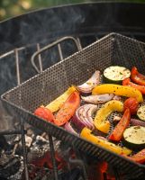 The Kadai Mesh BBQ Grill Tray Showing a Close up of the Mesh with Vegetables Roasted Inside - Digital Illustration