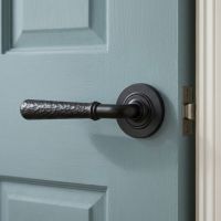 The Kenley Gardens Matte Black Hammered Unsprung Lever Door Handle on Rose On a Light Blue Door in a Coastal Cottage Setting - Digital Illustration