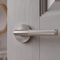 The Knurled Sprung Handle Set on a Beehive Rose in Satin Stainless Steel on a Classic Timber Door Painted Light Grey - Digital Illustration