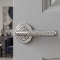 The Knurled Sprung Handle Set on a Round Rose in Satin Stainless Steel Shown Close up on a Grey Door - Digital Illustration