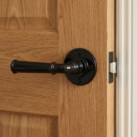 The Manning House Sleek Black Rounded Unsprung Lever Door Handle on Rose Shown lose up on a Timber Door - Digital Illustration