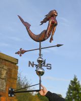 The Maritime Mermaid Verdigris Copper Weathervane Shown with Hand in Shot for Scale