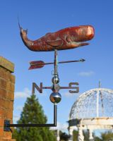 The Moby the Whale Verdigris Copper Weathervane Mounted on a Wall in a Traditional Garden