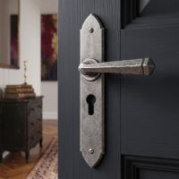The Orelia Pewter Gothic Lever Espagnolette Lock Set on a Dark Black Door in a Modern Home - Digital Illustration