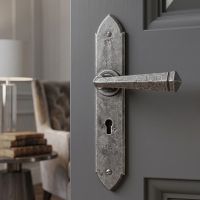 The Orelia Pewter Gothic Lever Lock Set Shown Close up on a Grey Door in a Modern Home - Digital Illustration