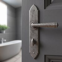 The Orelia Pewter Square Iron Gothic Lever Handles and Bathroom Lock Shown on a Ensuite Door - Digital Illustration