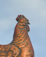 The Proud Cockerel Verdigris Copper Weathervane Showing a Close up of the Head of the Rooster