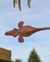 The Proud Cockerel Verdigris Copper Weathervane Showing a Close up of the Rear of the Arrow