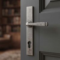 The Ravenscroft Pewter Sprung Slimline Lever Espagnolette Lock Set on a Grey Door Shown Close up - Digital Illustration