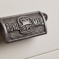 The Royal Mail GPO Cast Antique Iron Cup Pull Handle - 4" Showing a Close up of the Writing on the Handle - Digital Illustration