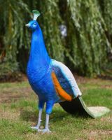 The Sandringham Cast Aluminium Peacock Garden Sculpture Shown from an Angle on a Sunny Garden lawn