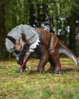 The Sentinel the Triceratops Garden Sculpture Shown a Garden Lawn