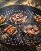 The Set of 3 Kadai Iron BBQ Skillet Pan Set Shown with a Selection of BBQ Food Cooking on them - Digital Illustration
