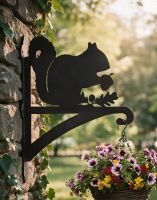 The Squirrel Hanging Iron Basket Bracket Mounted on the Side of a Stone Wall - Digital Illustration