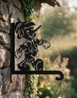 The Steel Cartoon Wooden Boy Hanging Basket Bracket on an Ivy Covered stone Wall - Digital Illustration