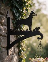 The Steel Doberman Dog Hanging Basket Bracket in the Summer Evening Sun on a Stone Wall - Digital Illustration