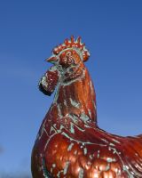 The Striding Rooster Verdigris Copper Weathervane Showing a Close up of the Head of the Rooster