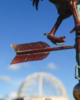 The Striding Rooster Verdigris Copper Weathervane Showing a Close up of the Rear of the Arrow